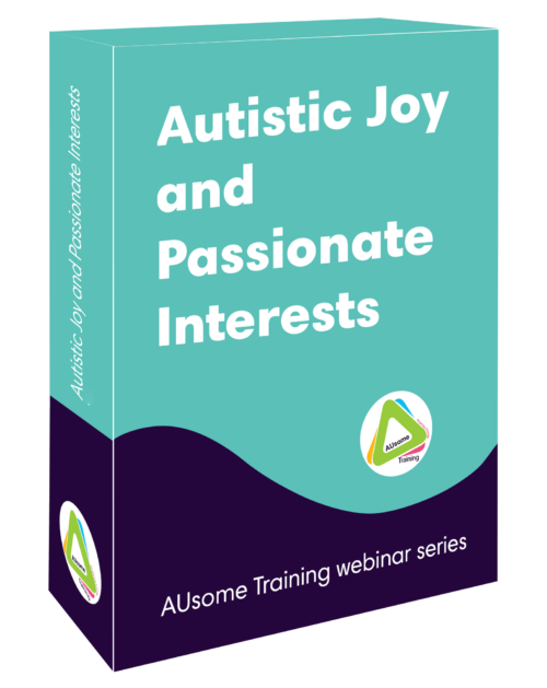 A box image that reads "Autistic Joy And Passionate Interests." It is blue and navy blue and contains the AUsome Training Logo on the front and side.