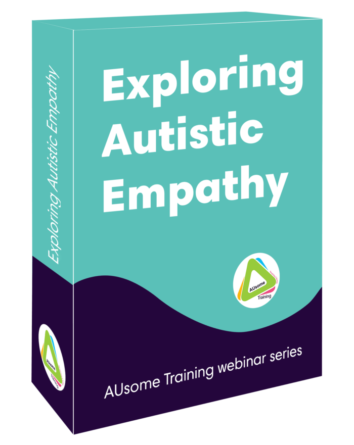 A box image that reads "Exploring Autistic Empathy." It is blue and navy blue and contains the AUsome Training Logo on the front and side.