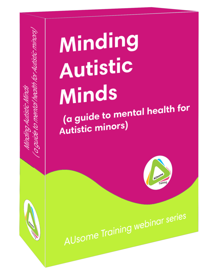 This is an image of a pink and green box with teh words Minding Autistic Minds - a guide to mental health for Autistic minors